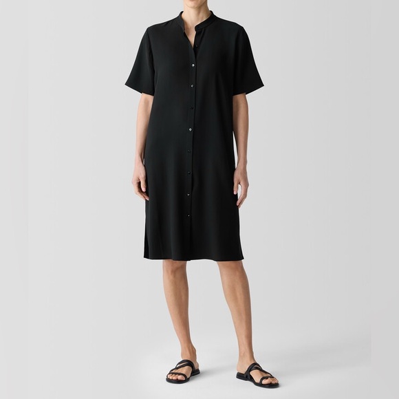 Eileen Fisher 100% Silk Mandarin Collar Button Down Shirt Dress Black - M - Picture 2 of 16